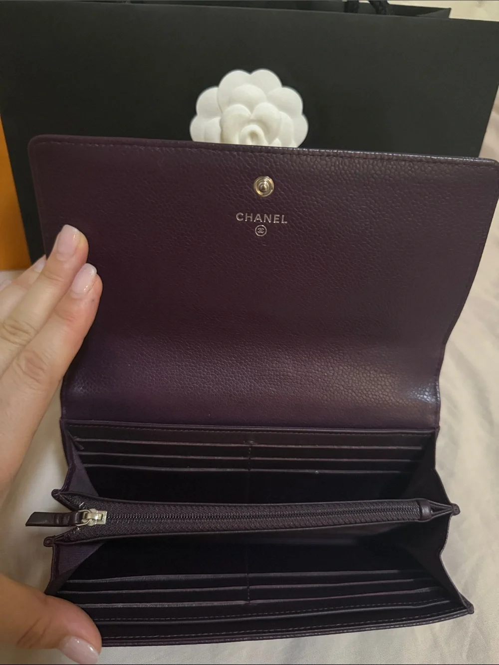 CHANEL Quilted Long Wallet in Plum